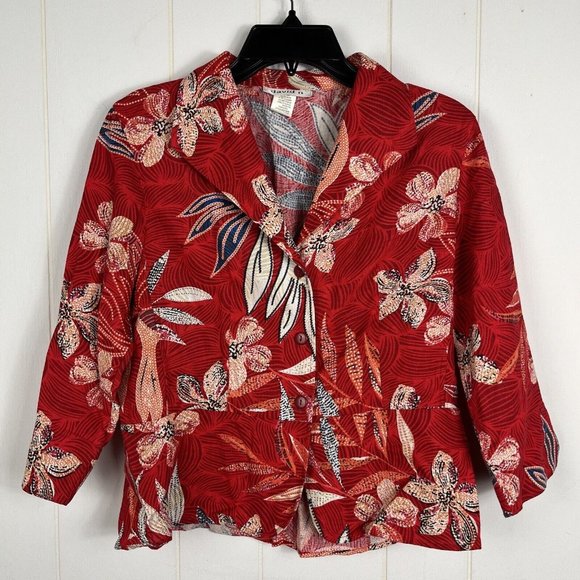 David N Women Blazer Jacket Medium Red Floral Tropical Button Collar Rayon Linen - Picture 1 of 8